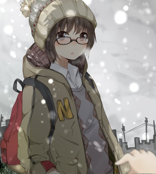 Anime picture 1200x1341 with original pun2 tall image blush short hair brown hair brown eyes snowing winter girl glasses jacket hood cap backpack winter clothes
