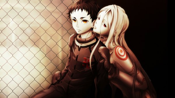 Anime picture 2133x1200 with deadman wonderland shiro (deadman wonderland) igarashi ganta long hair highres short hair black hair red eyes wide image white hair girl boy collar mittens