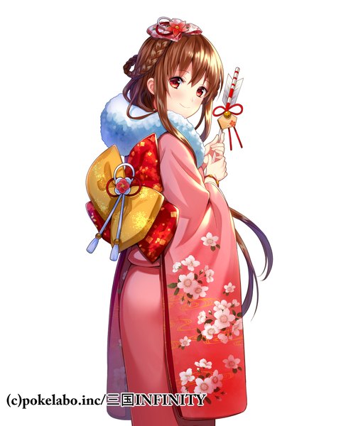 Anime picture 800x1000 with fuji minako single long hair tall image looking at viewer blush simple background red eyes brown hair white background traditional clothes japanese clothes girl hair ornament kimono arrow (arrows) fur-trimmed kimono ema hamaya