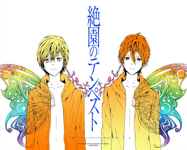 Anime picture 1280x1024 with zetsuen no tempest studio bones fuwa mahiro takigawa yoshino looking at viewer short hair simple background blonde hair white background yellow eyes orange hair inscription open clothes open jacket multiple boys orange eyes open shirt monochrome pale skin transparent