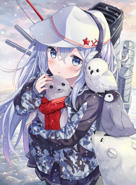 Anime-Bild 756x1029 mit kantai collection hibiki destroyer verniy destroyer hitsukuya single long hair tall image looking at viewer blush fringe blue eyes hair between eyes silver hair long sleeves parted lips pleated skirt from above :o snowing winter