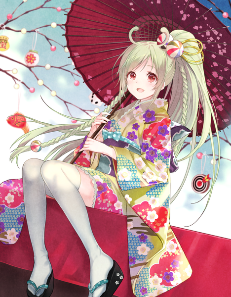 Anime picture 1200x1539 with original fukahire (ruinon) single long hair tall image open mouth red eyes sitting white hair ponytail braid (braids) traditional clothes japanese clothes girl thighhighs hair ornament white thighhighs kimono umbrella oriental umbrella