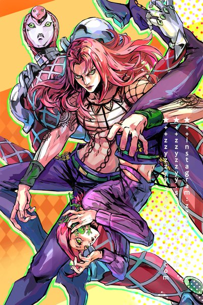 Anime picture 720x1080 with jojo no kimyou na bouken vinegar doppio diavolo king crimson (stand) zzyzzyy long hair tall image looking at viewer green eyes signed pink hair multiple boys stand (jojo) boy navel hat 2 boys sweater flat cap wristlet