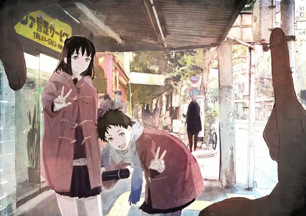 Anime picture 1114x787 with original humi (artist) long hair short hair open mouth black hair smile multiple girls brown eyes victory street girl boy 2 girls scarf coat traffic sign shop