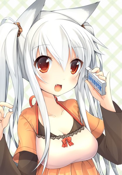 Anime picture 1200x1721 with original oruton (artist) single long hair tall image open mouth smile twintails animal ears white hair teeth orange eyes fang (fangs) girl