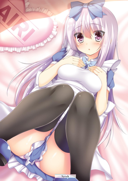 Anime picture 1451x2048 with alice or alice airi (alice or alice) syroh single long hair tall image looking at viewer blush fringe light erotic hair between eyes purple eyes signed silver hair scan legs character names girl thighhighs dress