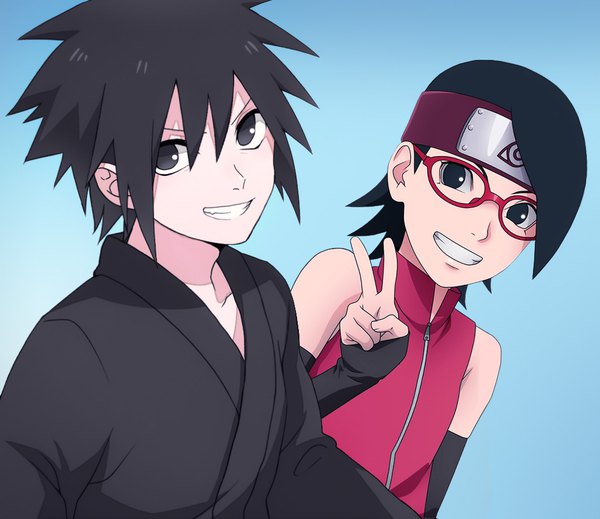 Anime picture 1040x900 with naruto studio pierrot naruto (series) uchiha madara uchiha sarada anvmadara looking at viewer fringe short hair black hair simple background smile hair between eyes upper body black eyes grin victory blue background spiked hair alternate age