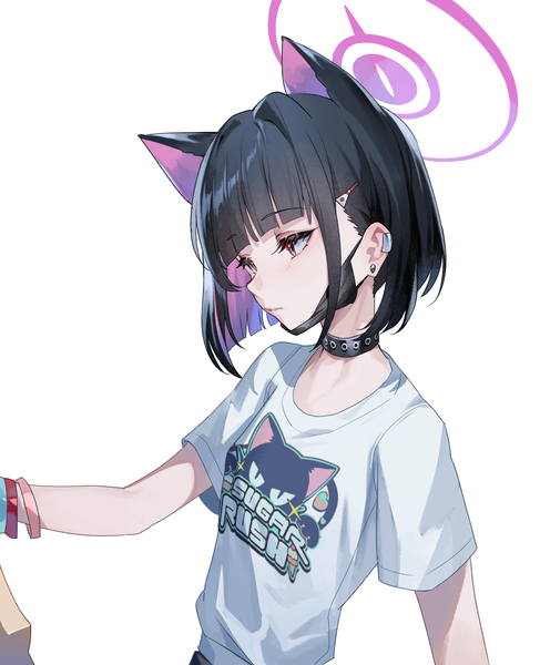 Anime picture 1625x2000 with blue archive kazusa (blue archive) kazusa (band) (blue archive) hillly (maiwetea) single tall image fringe short hair black hair simple background white background animal ears looking away upper body blunt bangs multicolored hair cat ears piercing official alternate costume ear piercing