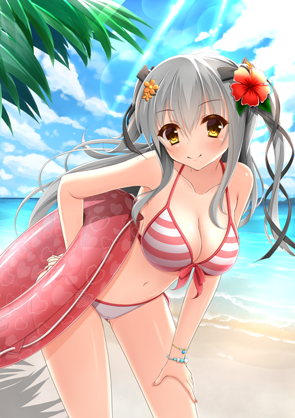 Anime picture 2481x3508 with original moe2018 hirotan insitao single long hair tall image looking at viewer blush fringe highres breasts light erotic smile hair between eyes large breasts standing bare shoulders holding yellow eyes payot