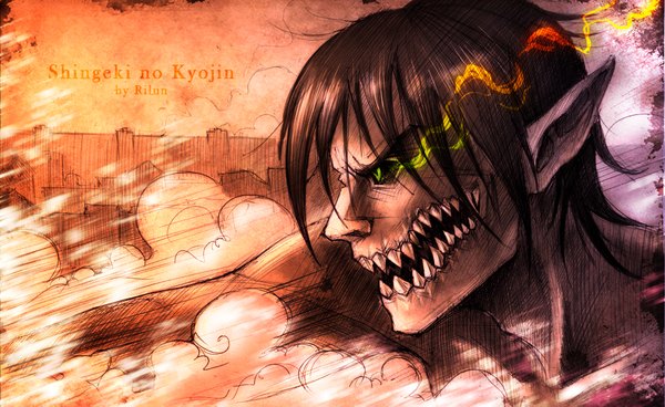 Anime picture 1921x1181 with shingeki no kyojin production i.g eren yaeger rogue titan rilun (artist) single highres short hair open mouth brown hair wide image green eyes profile pointy ears teeth copyright name glowing glowing eye (eyes) steam sharp teeth