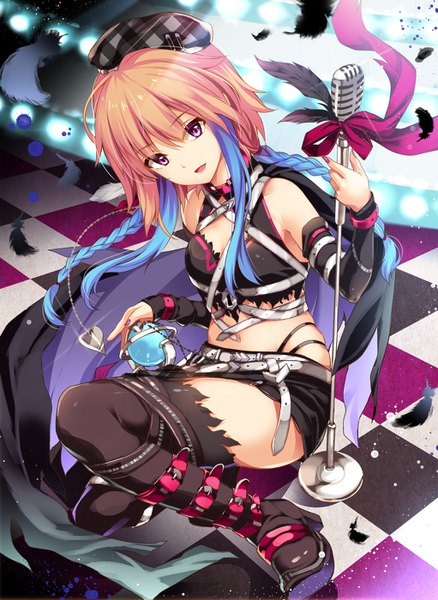 Anime picture 1022x1400 with idolmaster idolmaster cinderella girls ninomiya asuka moneti (daifuku) single long hair tall image looking at viewer fringe breasts open mouth light erotic smile hair between eyes sitting purple eyes bare shoulders holding blue hair bent knee (knees)