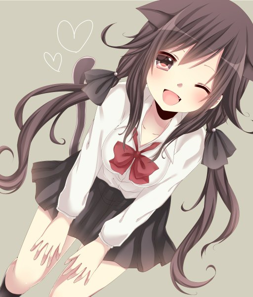 Anime picture 1024x1200 with original yamasuta long hair tall image blush open mouth black hair twintails brown eyes animal ears one eye closed wink cat ears grey background cat girl cat tail girl uniform bow school uniform