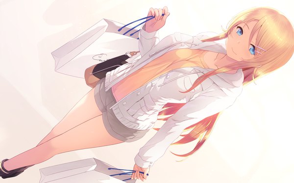 Anime picture 1920x1200 with ore no imouto ga konna ni kawaii wake ga nai kousaka kirino cait single long hair looking at viewer blush fringe highres breasts blue eyes simple background blonde hair smile hair between eyes standing holding long sleeves open jacket dutch angle