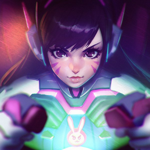 Anime picture 1080x1080 with overwatch blizzard entertainment d.va (overwatch) hana song (overwatch) ilya kuvshinov single long hair looking at viewer fringe purple eyes purple hair lips realistic facial mark portrait face whisker markings girl suit