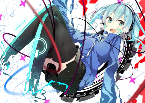 Anime-Bild 4092x2893 mit kagerou project shaft (studio) ene (kagerou project) benio (dontsugel) single long hair highres breasts open mouth twintails looking away absurdres pleated skirt aqua eyes aqua hair wide sleeves zettai ryouiki happy girl skirt