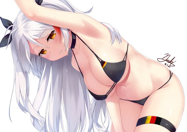 Anime picture 1414x1000 with azur lane prinz eugen (azur lane) prinz eugen (unfading smile) (azur lane) subaru (794829485) single long hair looking at viewer blush fringe breasts light erotic simple background hair between eyes large breasts standing white background brown eyes signed cleavage silver hair