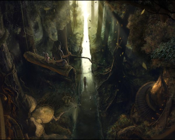 Anime picture 1280x1024 with original firedudewraith fantasy river girl plant (plants) tree (trees) leaf (leaves) forest road swing