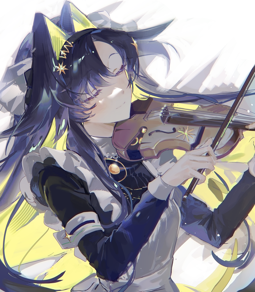 Anime-Bild 2000x2290 mit reverse:1999 voyager (reverse:1999) zuzu (wckd7545) single long hair tall image highres simple background smile white background blue hair upper body eyes closed multicolored hair two-tone hair maid colored inner hair playing instrument girl uniform