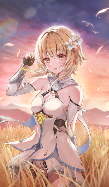 Anime picture 1026x1760 with genshin impact lumine (genshin impact) arin7020 single tall image looking at viewer blush fringe short hair open mouth blonde hair smile hair between eyes standing bare shoulders yellow eyes sky arm up hair flower evening