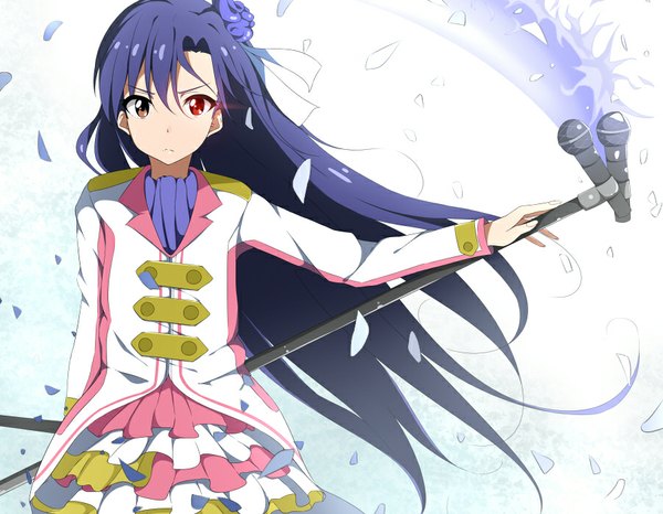 Anime picture 900x700 with idolmaster kisaragi chihaya hitotsuki nanoka single long hair looking at viewer purple hair wind heterochromia glowing glowing eye (eyes) girl hair ornament microphone confetti microphone stand