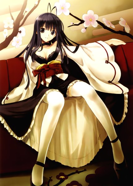Anime picture 3111x4345 with eien no aselia masaharu single long hair tall image highres black hair absurdres japanese clothes black eyes spread legs girl thighhighs flower (flowers) white thighhighs kimono obi couch