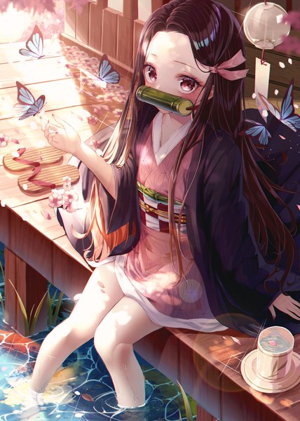 Anime picture 4382x6146 with kimetsu no yaiba ufotable kamado nezuko eumi 114 single long hair tall image looking at viewer highres black hair red eyes holding absurdres nail polish traditional clothes japanese clothes fingernails wide sleeves arm support sparkle