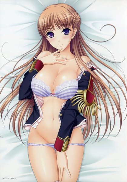 Anime picture 2500x3581 with walkure romanze noel marres ascot komori kei long hair tall image looking at viewer blush fringe highres breasts light erotic brown hair large breasts purple eyes bare shoulders lying on back finger to mouth girl navel
