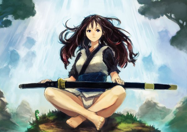 Anime picture 3508x2480 with original okuto single long hair looking at viewer fringe highres breasts light erotic brown hair sitting purple eyes holding absurdres full body bent knee (knees) outdoors barefoot wind short sleeves