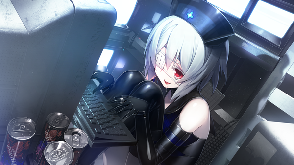 Anime picture 1280x720 with tokyo necro nitroplus con su oosaki shinya single short hair open mouth red eyes wide image sitting game cg white hair girl gloves black gloves elbow gloves eyepatch computer keyboard