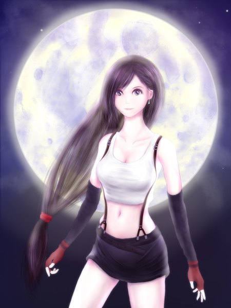 Anime picture 1050x1400 with final fantasy final fantasy vii square enix tifa lockhart kota (pixiv) single long hair tall image looking at viewer black hair brown eyes light smile night bare belly midriff girl skirt gloves navel earrings
