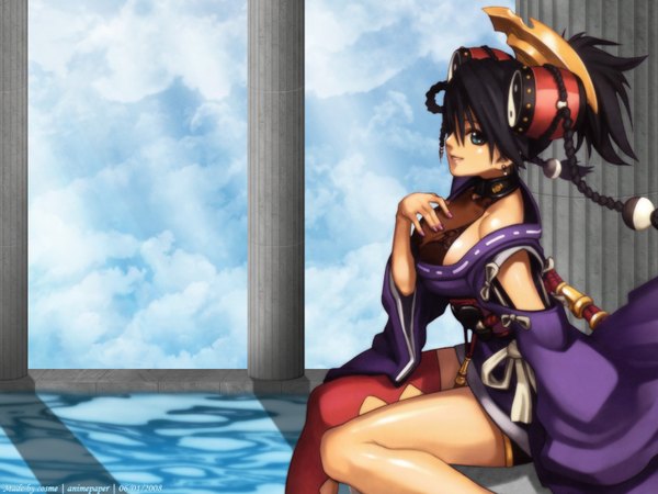 Anime picture 1600x1200 with ar tonelico gust (company) misha arsellec lune nagi ryou single looking at viewer short hair breasts black hair smile large breasts sitting bare shoulders cleavage cloud (clouds) braid (braids) aqua eyes off shoulder hand on chest third-party edit