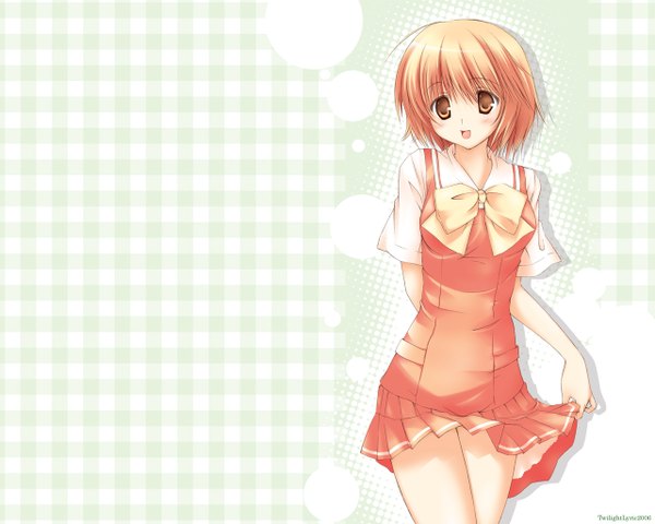 Anime picture 1280x1024 with kashimashi osaragi hazumu luna lia single blush short hair open mouth blonde hair brown eyes looking away :d short sleeves wallpaper plaid plaid background girl uniform school uniform bowtie