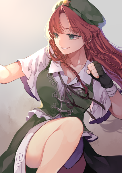 Anime picture 2508x3541 with touhou hong meiling risui (suzu rks) single long hair tall image highres simple background standing green eyes looking away red hair braid (braids) traditional clothes grey background twin braids turning head standing on one leg chinese clothes girl
