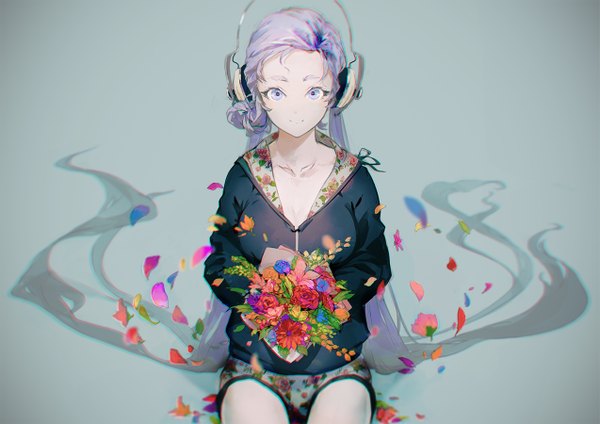 Anime picture 1273x900 with vocaloid hatsune miku oguchi (sugimoto gang) single simple background smile sitting purple eyes twintails purple hair very long hair grey background low twintails alternate hair color girl flower (flowers) petals jacket headphones bouquet