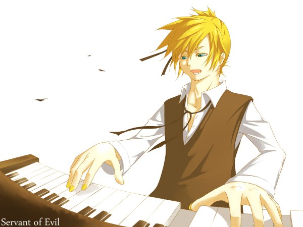 Anime picture 1200x900 with vocaloid kagamine len single fringe short hair open mouth blonde hair hair between eyes white background sitting upper body long sleeves nail polish wind inscription looking down open collar playing instrument yellow nail polish boy