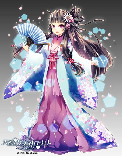 Anime picture 700x889 with tenkuu no kurafuto furito kaio (watagami) single long hair tall image looking at viewer open mouth black hair purple eyes traditional clothes japanese clothes hair flower grey background gradient background black background girl flower (flowers) fan