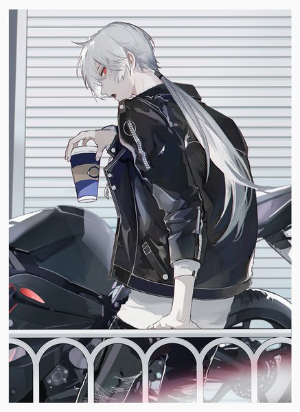 Anime picture 1053x1447 with mystic messenger zen (mystic messenger) sleepless (wrysmile) single long hair tall image looking at viewer open mouth red eyes holding silver hair outdoors profile from behind arm support border low ponytail boy jacket ground vehicle