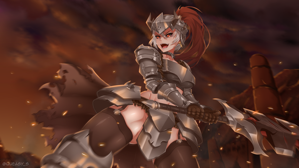 Anime picture 1920x1080 with maplestory maplestory 2 berserker (maplestory 2) queasy s single long hair fringe highres open mouth light erotic hair between eyes red eyes wide image standing holding signed looking away cloud (clouds) outdoors white hair