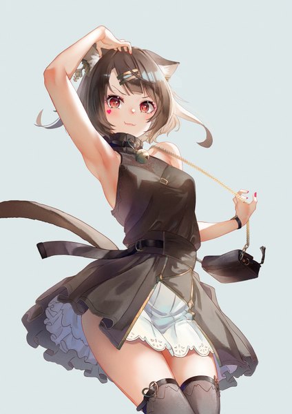 Anime picture 1200x1699 with original saraki single tall image looking at viewer blush fringe short hair breasts simple background smile red eyes brown hair standing animal ears tail nail polish animal tail arm up fingernails