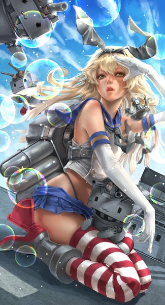 Anime picture 958x1766 with kantai collection shimakaze destroyer rensouhou-chan kaburagi yasutaka single long hair tall image looking at viewer open mouth light erotic blonde hair bare shoulders yellow eyes :3 girl thighhighs skirt gloves bow weapon