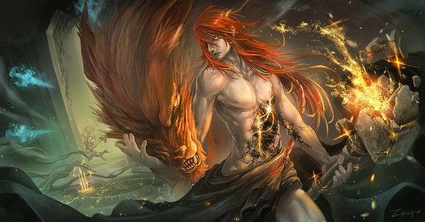 Anime picture 1718x900 with elden ring radagon of the golden order godfrey first elden lord serosh (elden ring) red wolf of radagon zoupe long hair looking at viewer fringe highres light erotic hair between eyes wide image holding signed yellow eyes red hair multiple boys spoilers shirtless