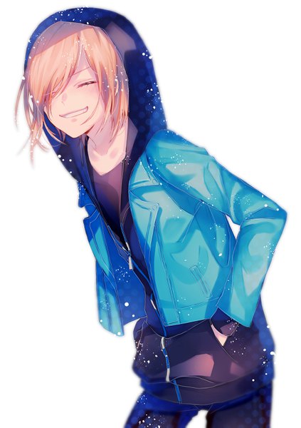 Anime picture 2039x2893 with yuri!!! on ice mappa yuri plisetsky ume neko (otaku-nyanko) single tall image fringe highres short hair simple background blonde hair smile white background eyes closed hair over one eye open jacket leaning leaning forward hands in pockets boy