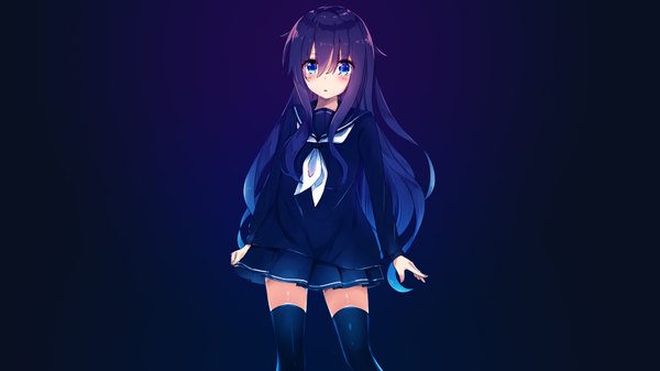 Anime picture 3840x2160 with kantai collection akatsuki destroyer assassinwarrior seki (l0410706268) single long hair looking at viewer blush fringe highres open mouth blue eyes simple background hair between eyes wide image standing blue hair absurdres purple hair pleated skirt