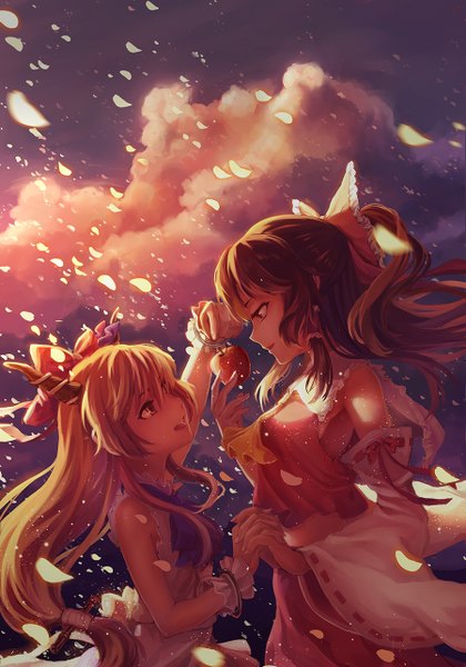 Anime picture 900x1286 with touhou hakurei reimu ibuki suika ttk (kirinottk) long hair tall image blonde hair brown hair multiple girls brown eyes sky cloud (clouds) ponytail traditional clothes horn (horns) wind sleeveless holding hands miko girl