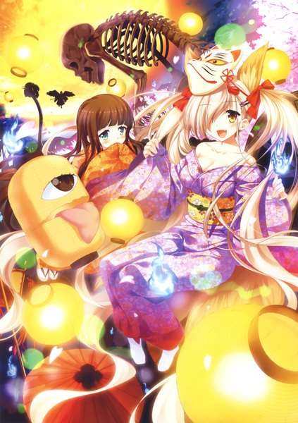 Anime picture 2327x3300 with original eshi 100-nin ten sakurazaka tsuchiyu long hair tall image fringe highres open mouth blonde hair multiple girls green eyes animal ears very long hair traditional clothes japanese clothes scan hair over one eye teeth fang (fangs) fox ears