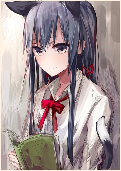 Anime picture 1800x2527 with yahari ore no seishun love comedy wa machigatteiru. brains base (studio) yukinoshita yukino suke single long hair tall image fringe highres black hair smile animal ears tail animal tail cat ears cat tail grey eyes open collar reading girl