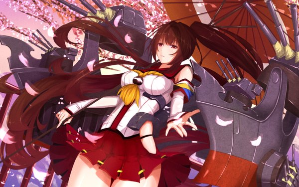 Anime picture 2880x1800 with kantai collection yamato super battleship bakanoe long hair highres red eyes brown hair ponytail very long hair cherry blossoms girl skirt weapon plant (plants) miniskirt petals tree (trees) gun umbrella