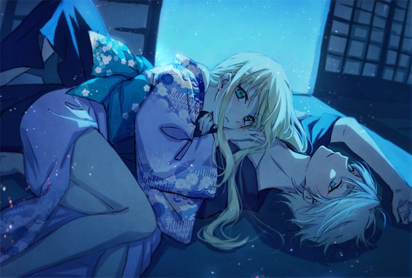 Anime picture 800x542 with aldnoah.zero a-1 pictures slaine troyard asseylum vers allusia mg (mica) long hair looking at viewer fringe short hair blue eyes blonde hair hair between eyes bent knee (knees) indoors lying traditional clothes parted lips japanese clothes aqua eyes night