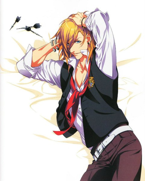 Anime picture 823x1024 with uta no prince-sama a-1 pictures jinguji ren single long hair tall image blue eyes blonde hair smile lying light smile orange hair arms behind head reclining partially open clothes twisty sleeves boy uniform school uniform shirt