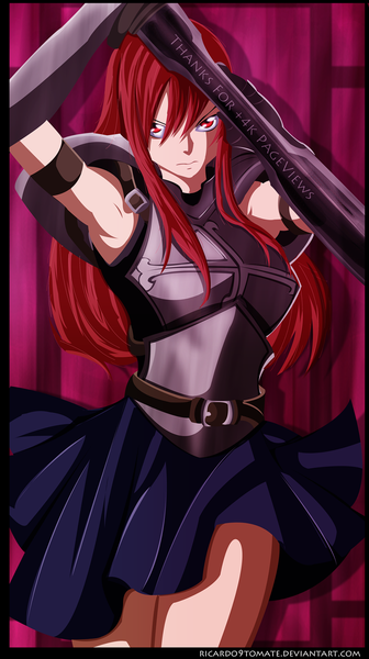 Anime picture 1000x1785 with fairy tail erza scarlet ric9duran ricardo9tomate single long hair tall image red eyes red hair pleated skirt armpit (armpits) coloring framed girl weapon armor huge weapon huge sword